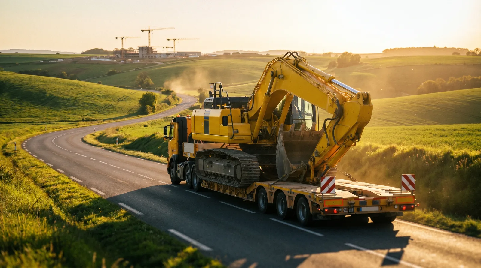 Porte-engin transportant une pelle mécanique jaune sur route de campagne en France