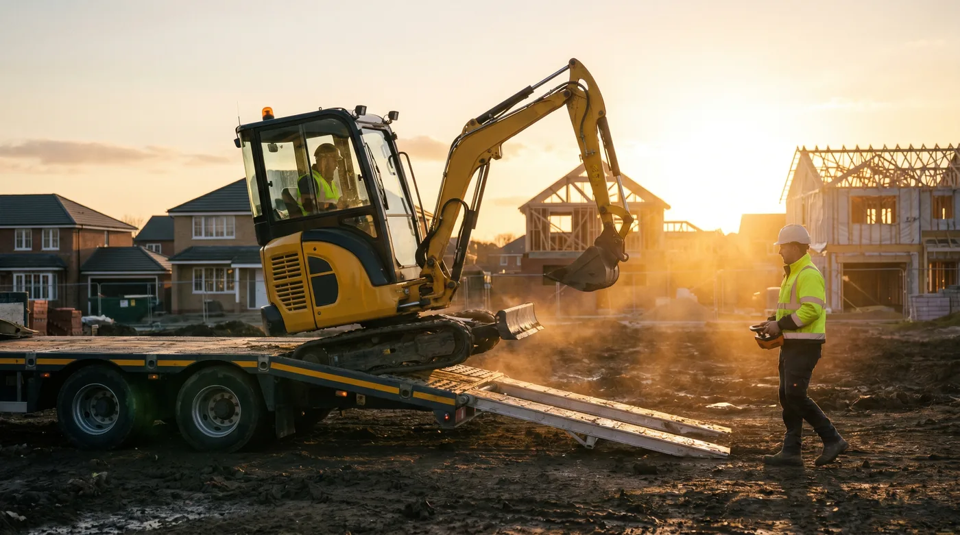 Mini-pelle jaune en cours de chargement sur porte-engin surbaissé sur un chantier en fin de journée