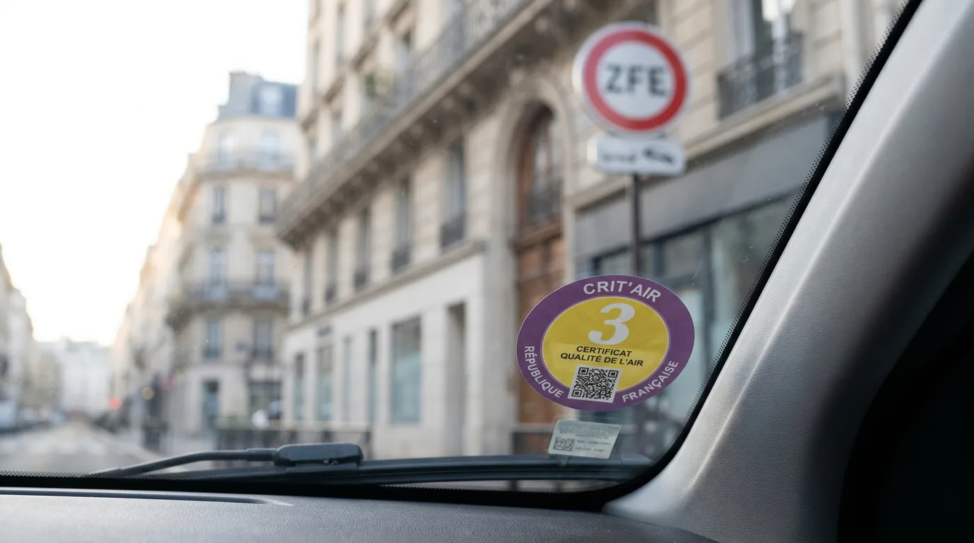 Vignette Crit'Air collée à l'intérieur du pare-brise d'une voiture en zone ZFE française