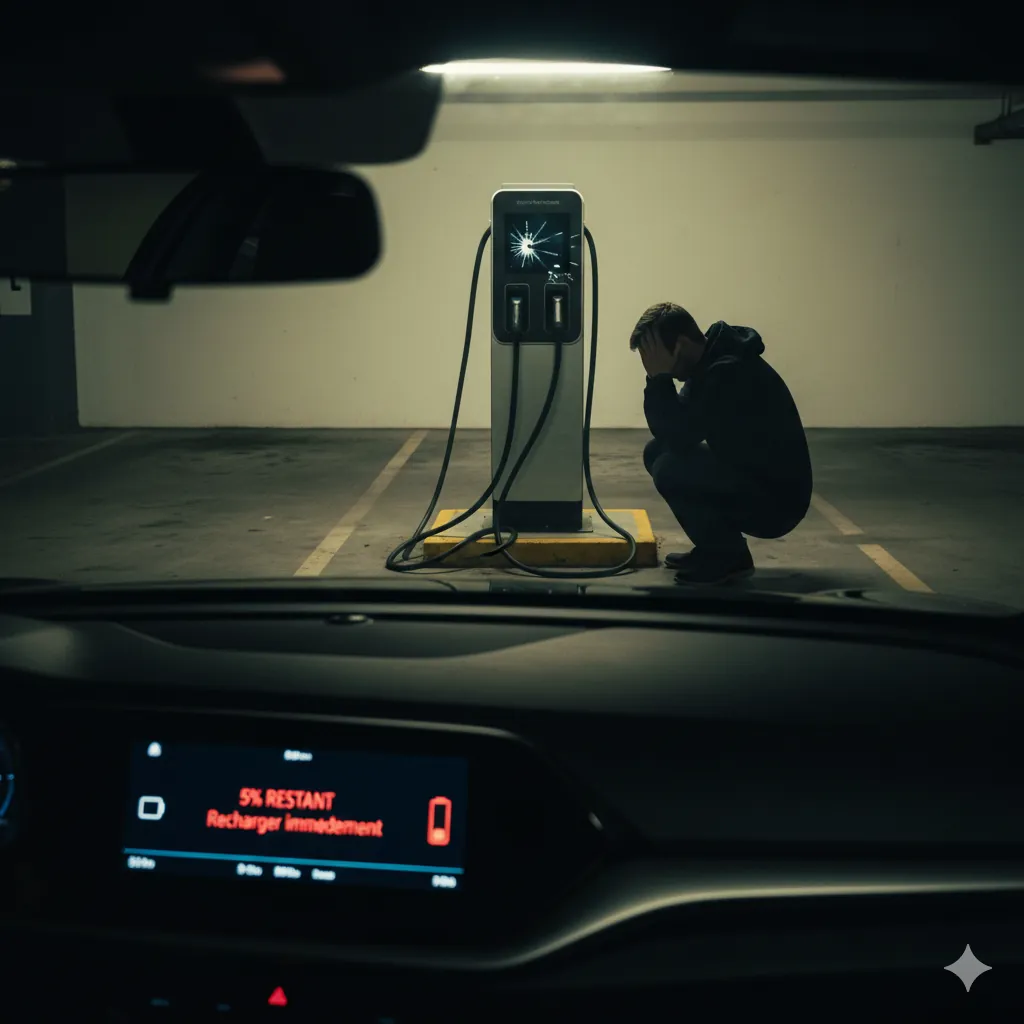 Voiture électrique en panne devant une borne HS