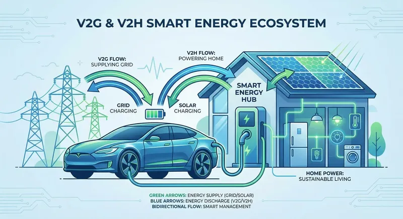 Illustration du concept V2G Vehicle-to-Grid et V2H Vehicle-to-Home avec borne bidirectionnelle et flux d'énergie