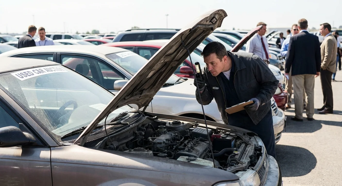 Acheteur inspectant une voiture avant une vente aux enchères