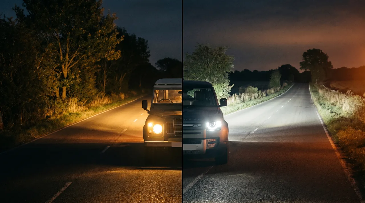 Comparatif faisceau halogène jaune et LED blanche sur route de nuit