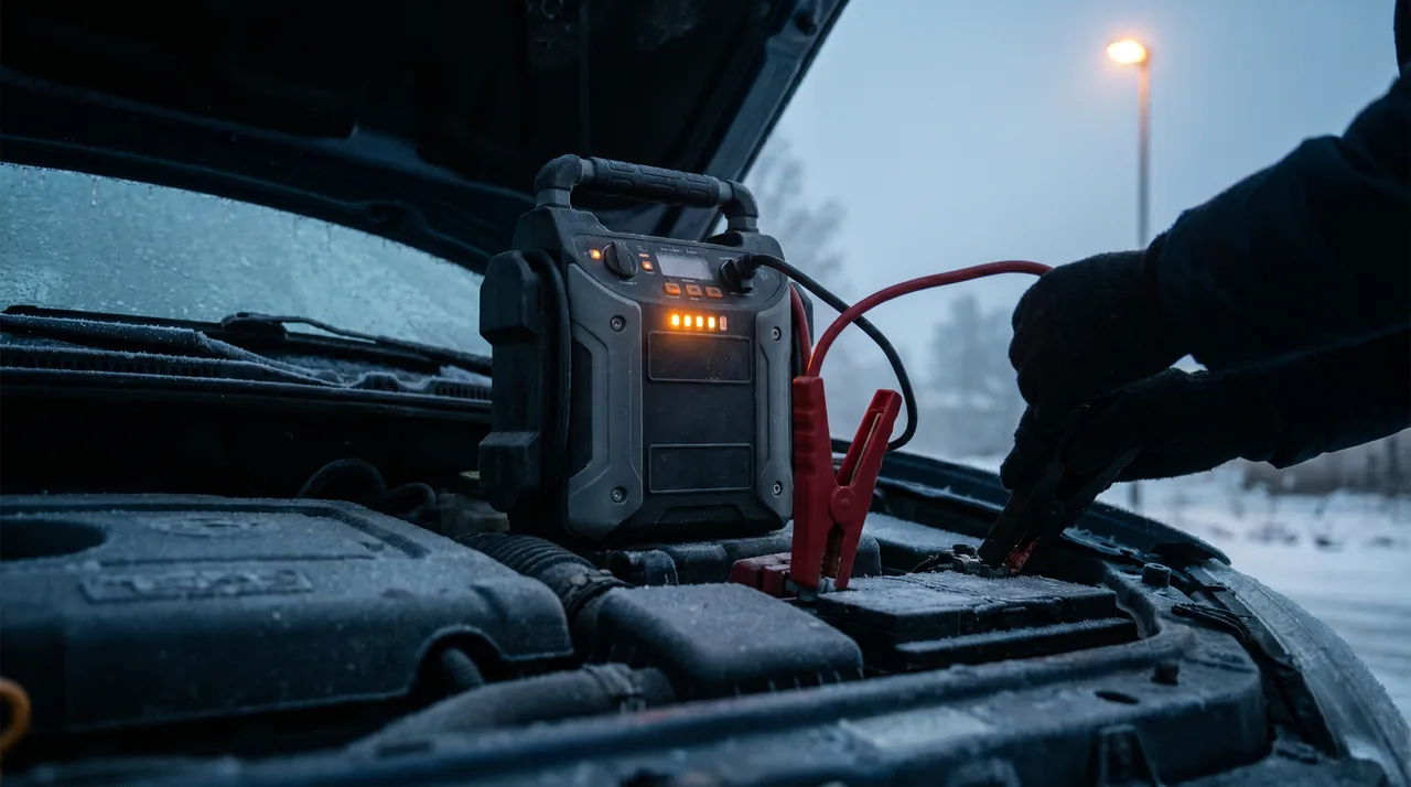 Booster de batterie portable InterCar relié à la batterie d'une voiture en hiver