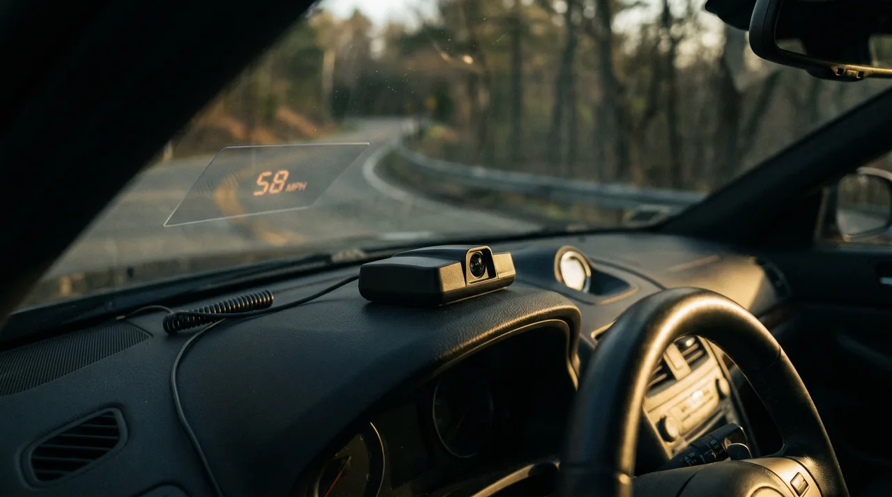 Afficheur tête haute OBD2 InterCar posé sur le tableau de bord, vitesse projetée sur le pare-brise