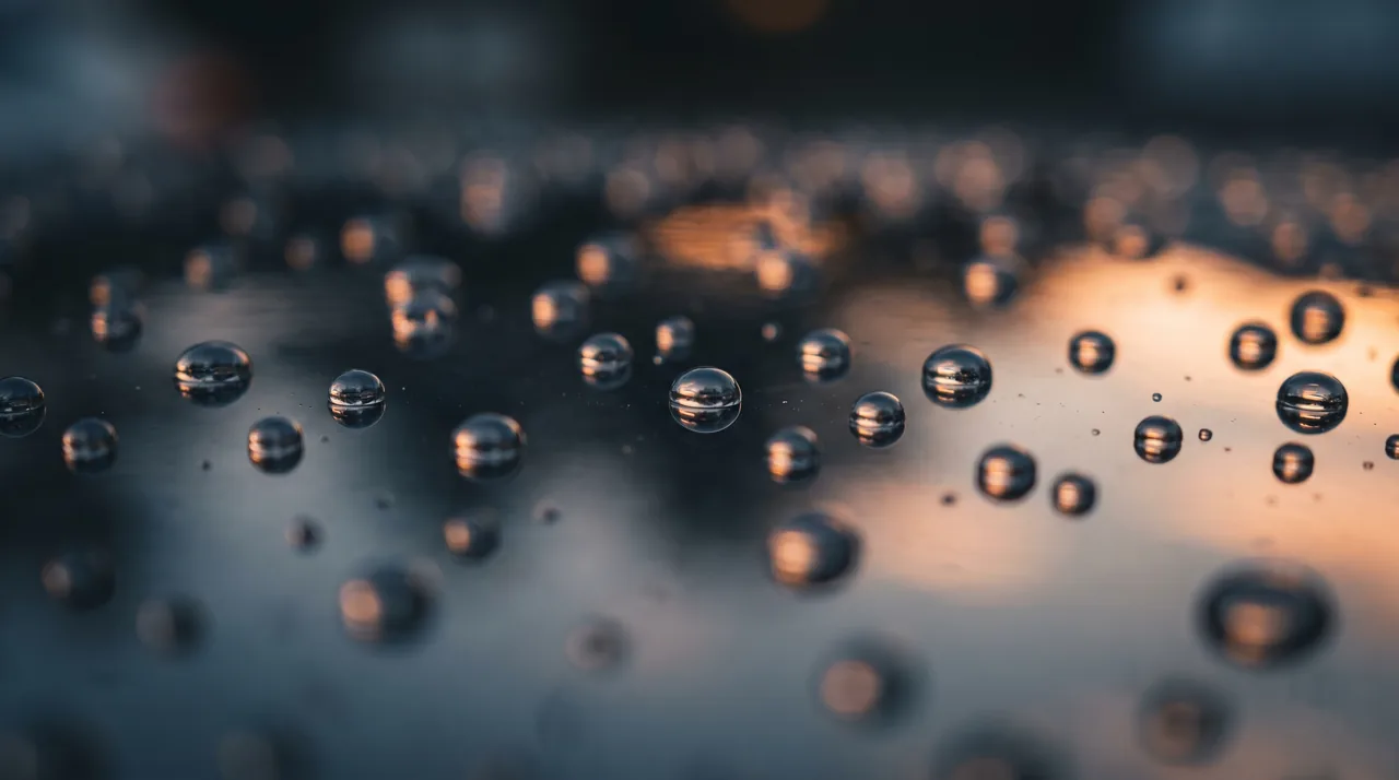 Gouttes d'eau en perles sur un pare-brise traité hydrophobe InterCar