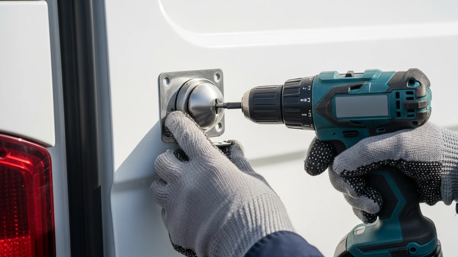 Pose d'une serrure antivol à boule sur la porte arrière d'un fourgon blanc à la visseuse — guide d'installation InterCar