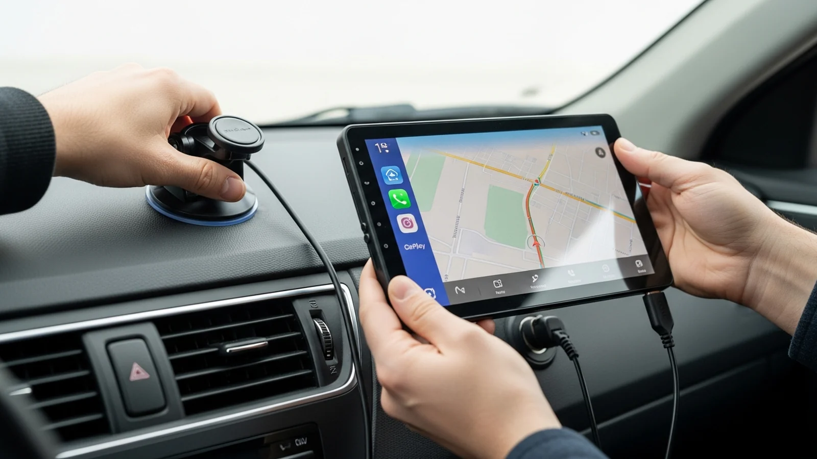 Mains installant un écran CarPlay portable sur le tableau de bord d'une voiture, câble allume-cigare