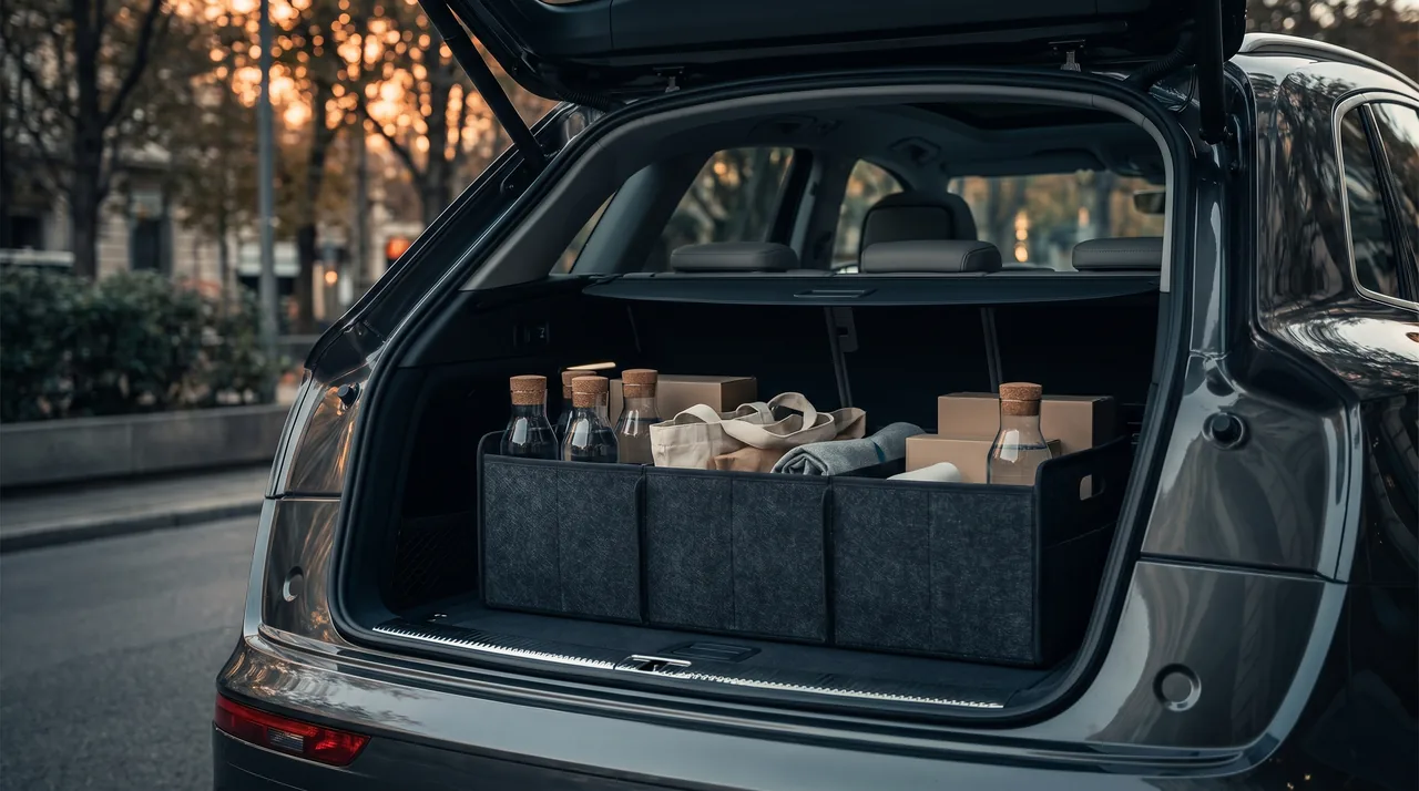 Organisateur de coffre cloisonné en feutre dans le coffre d'une voiture de VTC