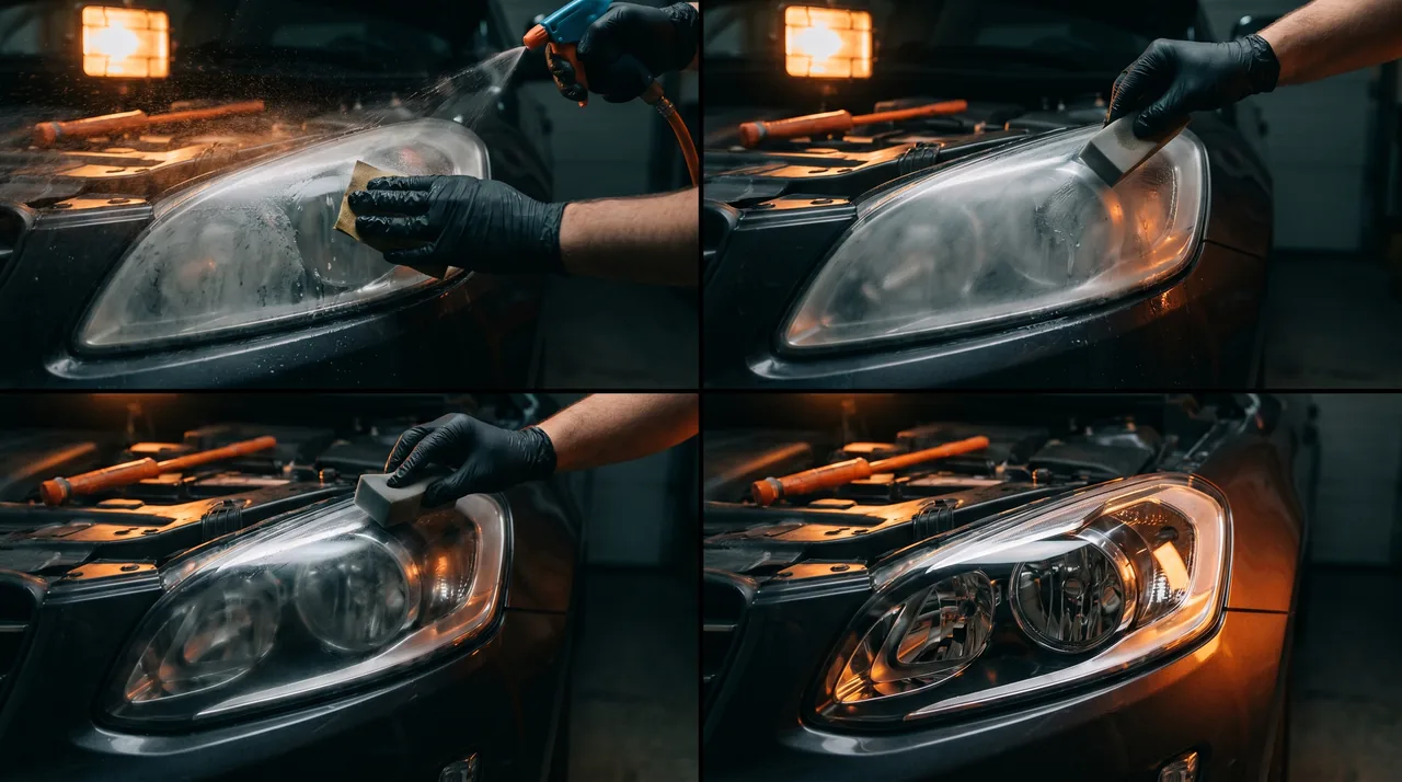 Étapes de rénovation d'un phare de voiture jauni : ponçage puis application du traitement