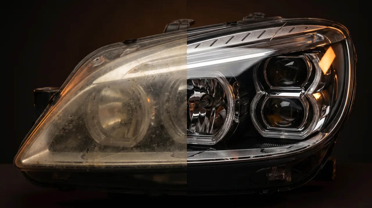 Phare de voiture jauni avant rénovation et optique transparente après — comparatif InterCar