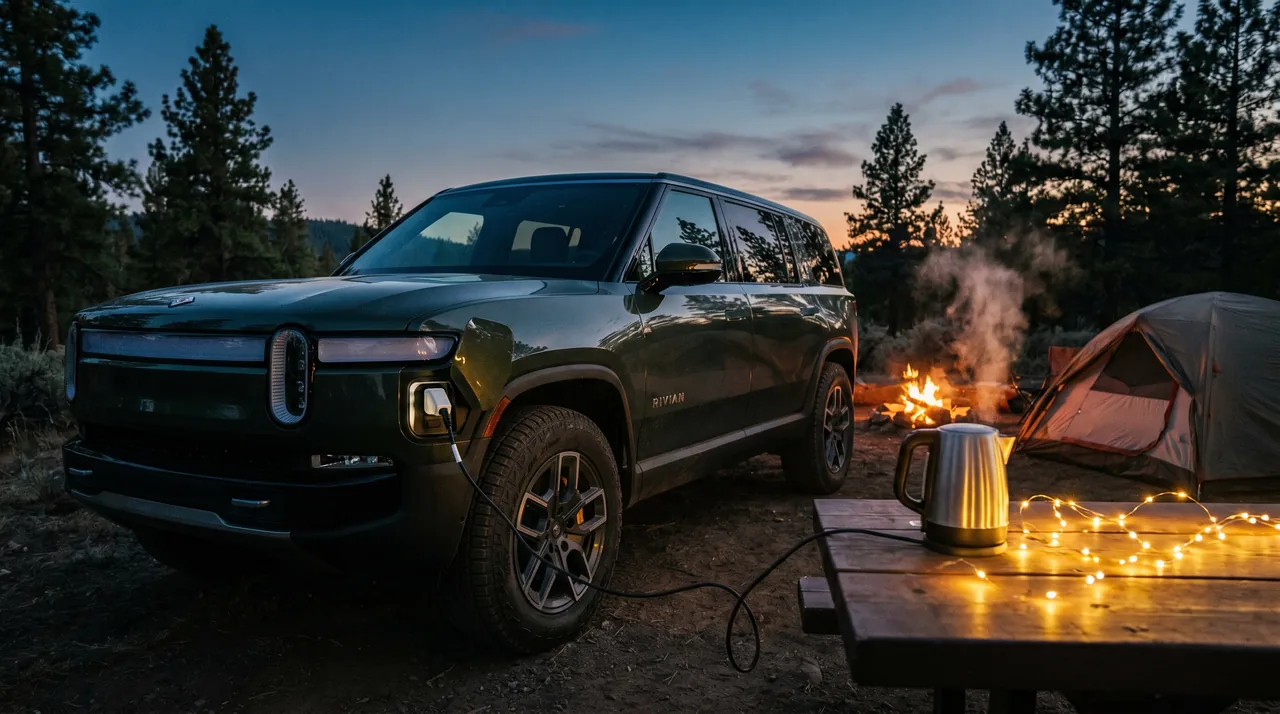 Voiture électrique alimentant des appareils 230V en camping via un adaptateur V2L InterCar