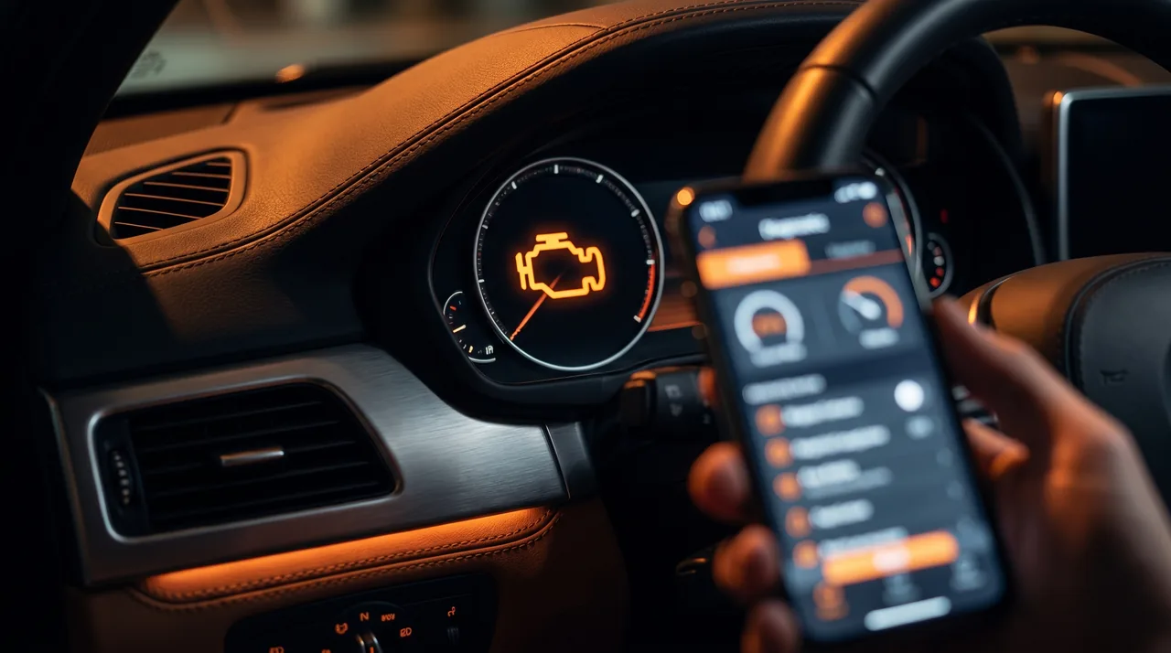Voyant moteur orange allumé au tableau de bord et scanner OBD2 InterCar branché