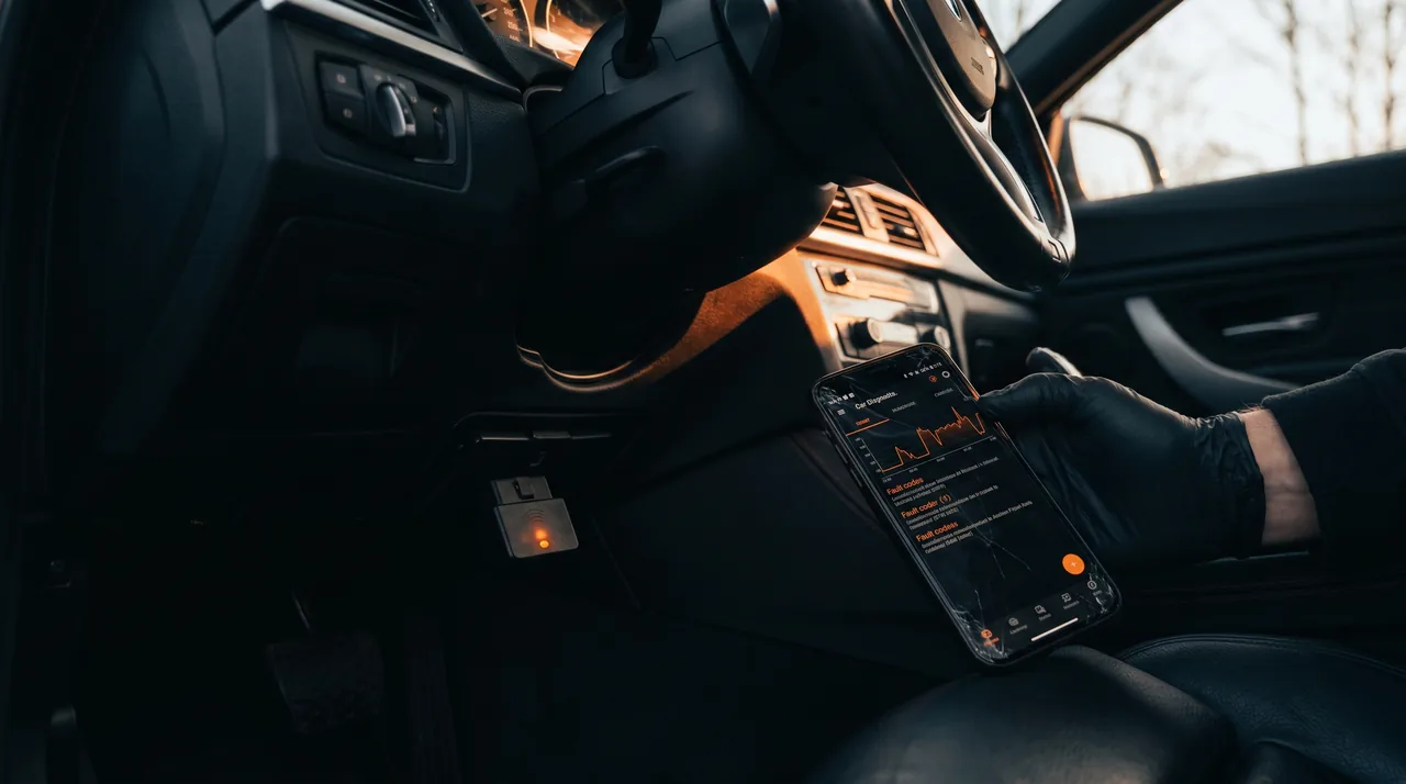 Scanner OBD2 Bluetooth InterCar branché sous le volant, code défaut affiché sur smartphone