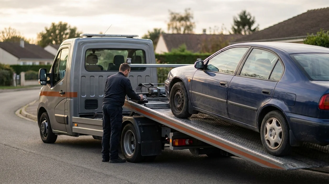 Dépanneuse remorquant un véhicule pour rachat cash et démontage en centre VHU