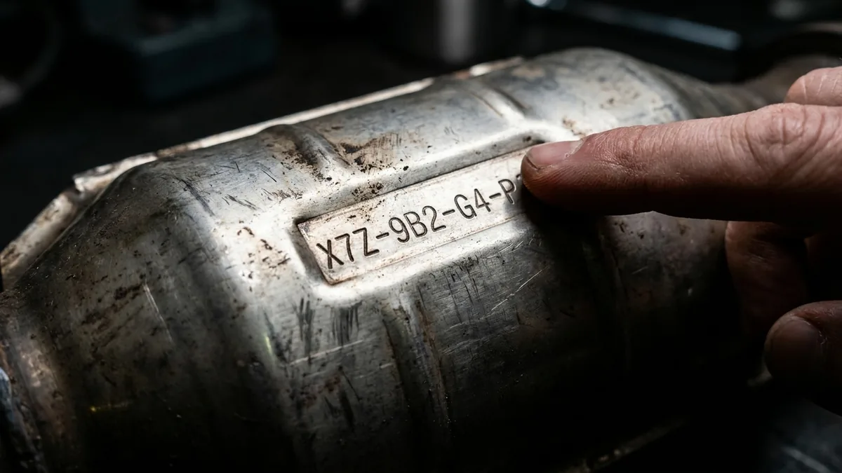 Code de référence gravé sur le corps métallique d'un catalyseur usagé, lecture par le recycleur