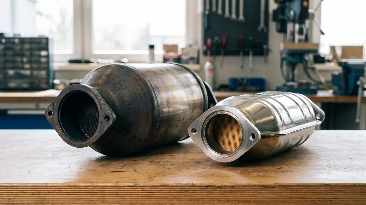 Comparaison catalyseur essence et catalyseur diesel sur établi avec leurs étiquettes de référence