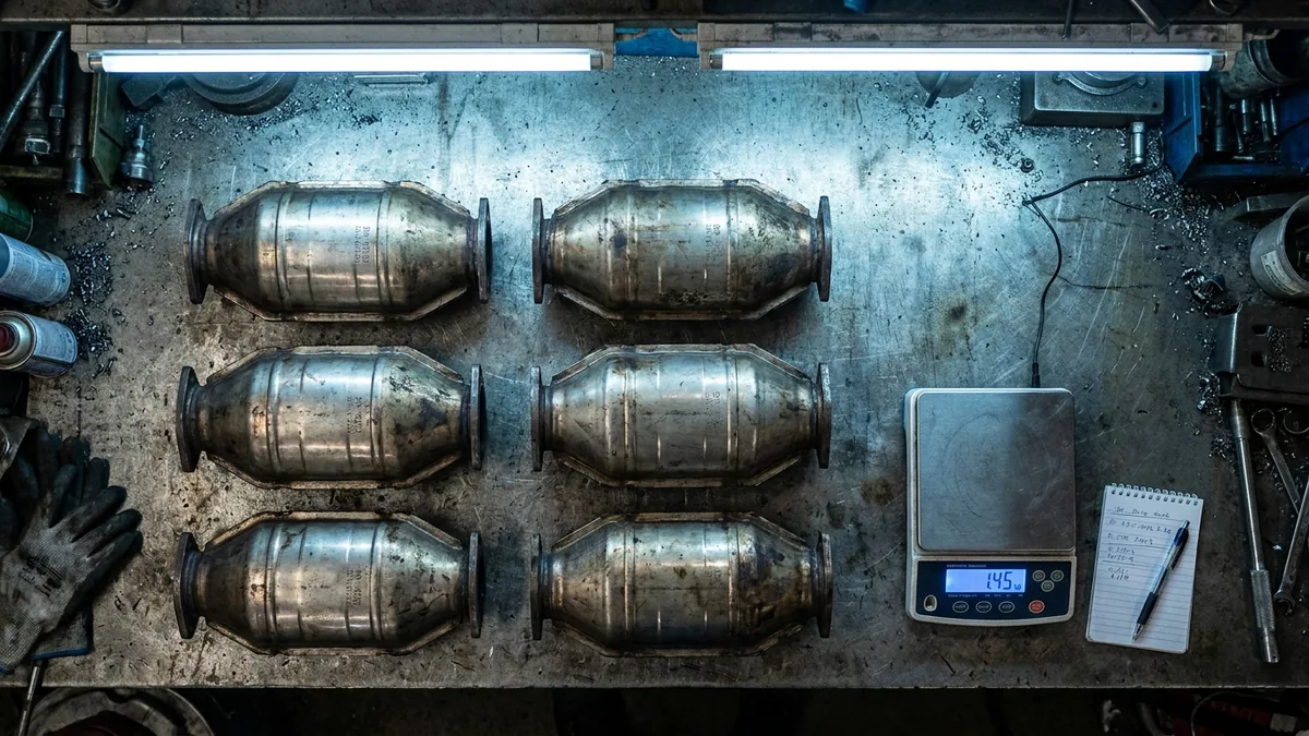 Catalyseurs automobiles usagés alignés sur établi de recycleur, étiquettes de référence et balance de précision