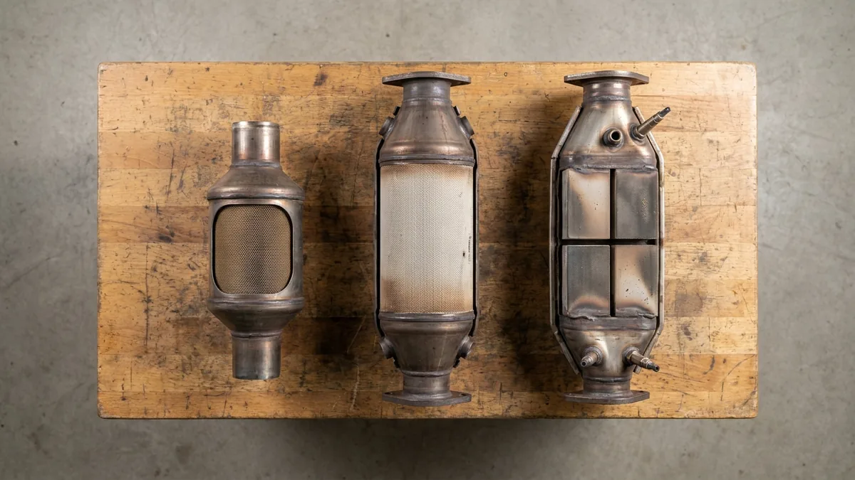 Comparaison côte à côte d'un catalyseur diesel, d'un FAP et d'un système SCR sur ligne d'échappement