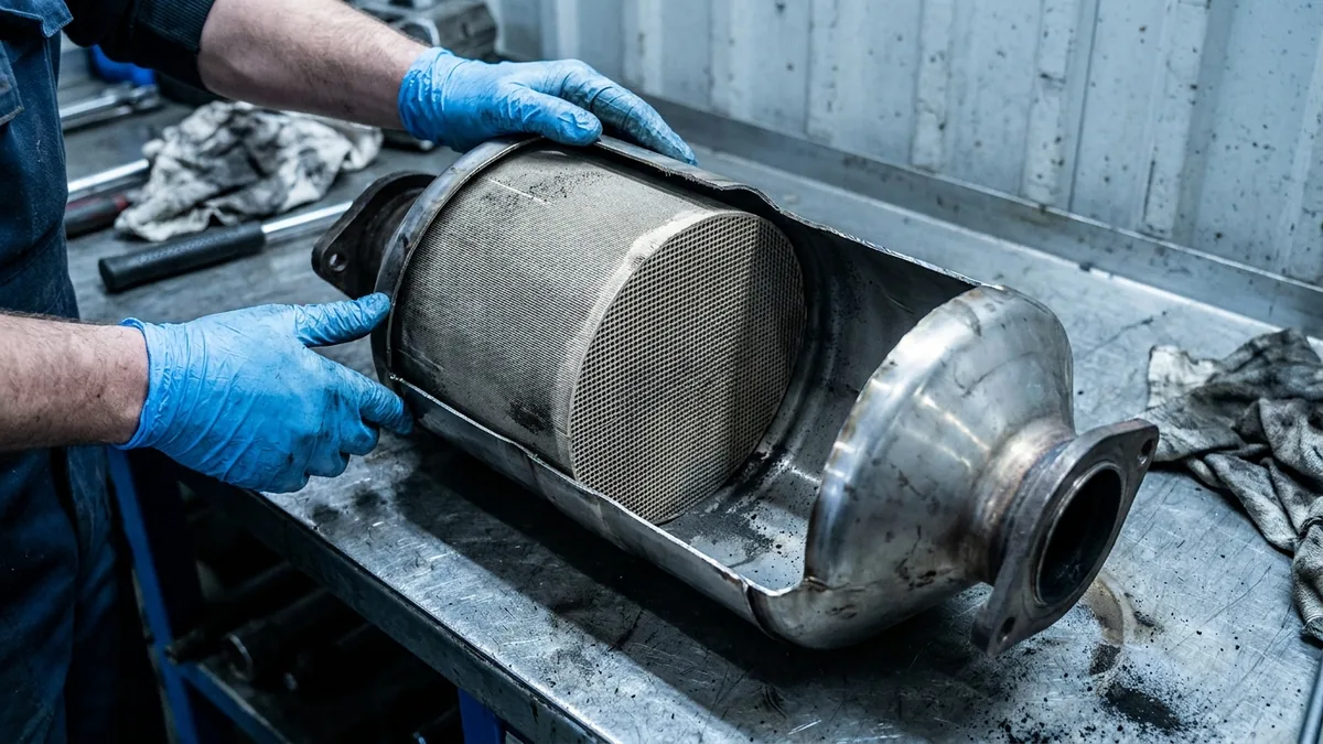 Filtre à particules FAP diesel démonté avec son monolithe céramique apparent sur établi de recycleur