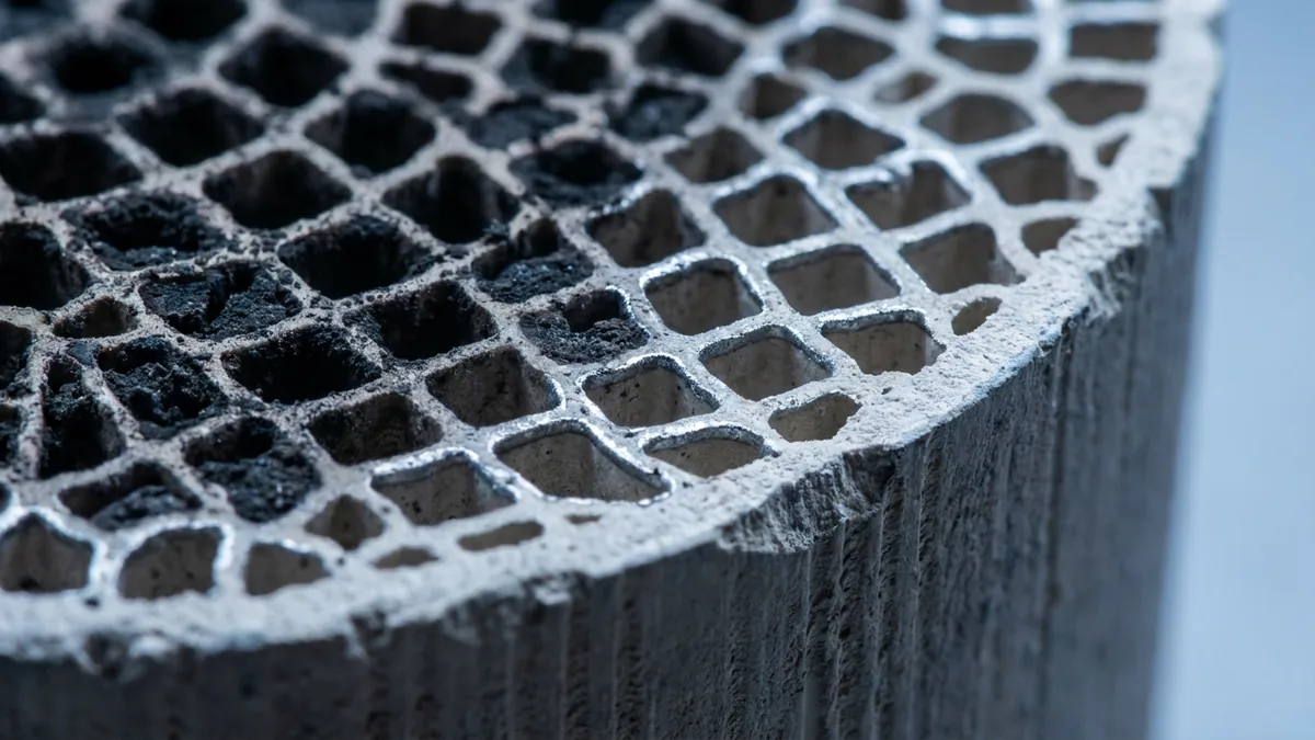 Monolithe céramique de FAP coupé en section, fine couche de platine visible sur les parois alvéolées