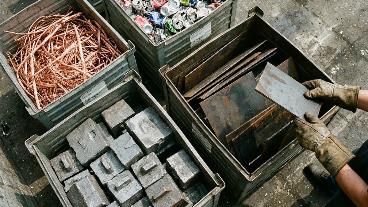 Tri de métaux par catégories : cuivre, aluminium, fonte, acier dans des bacs séparés