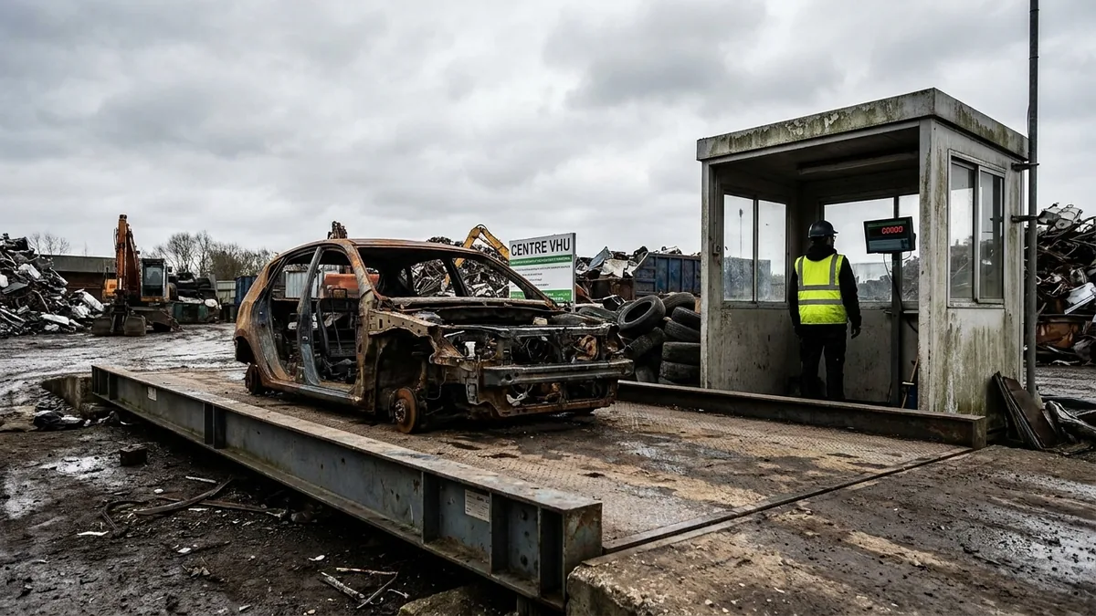 Pesée d'une carcasse automobile au pont-bascule industriel d'un centre VHU