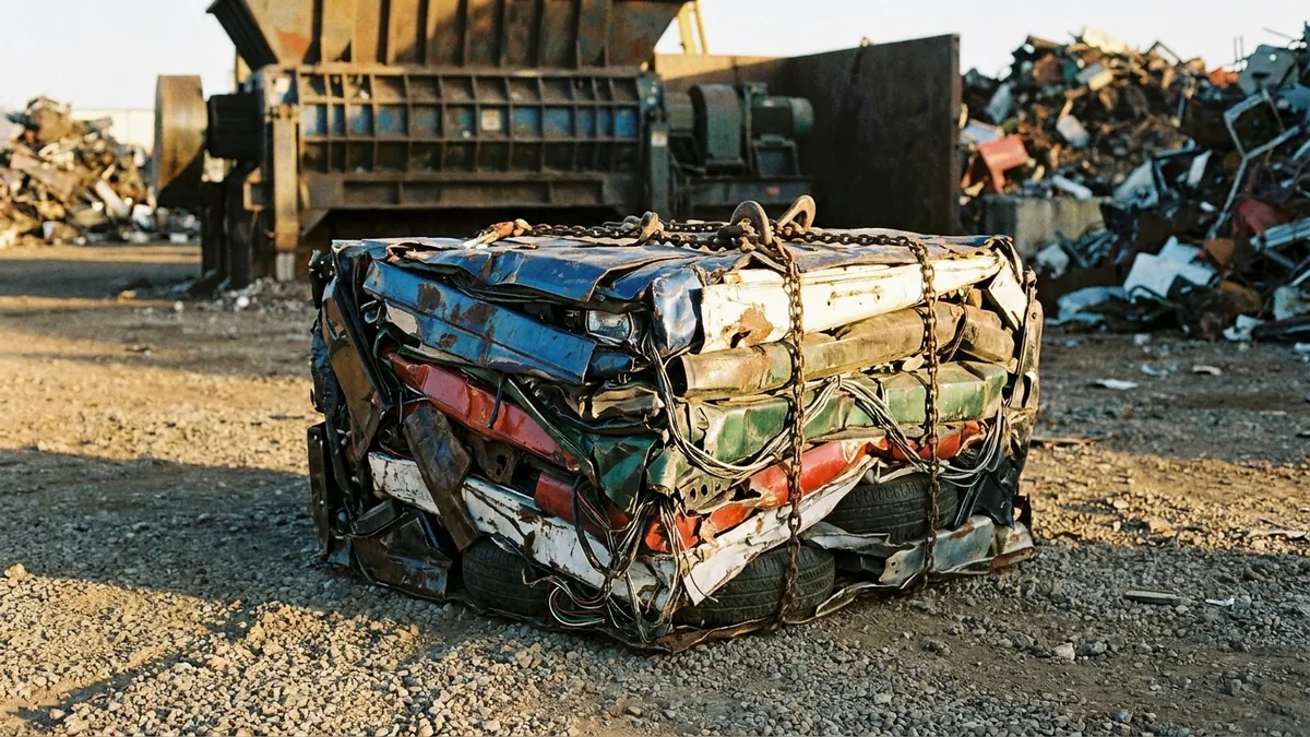 Voiture en fin de vie compactée en cube de tôle pour expédition vers le broyeur