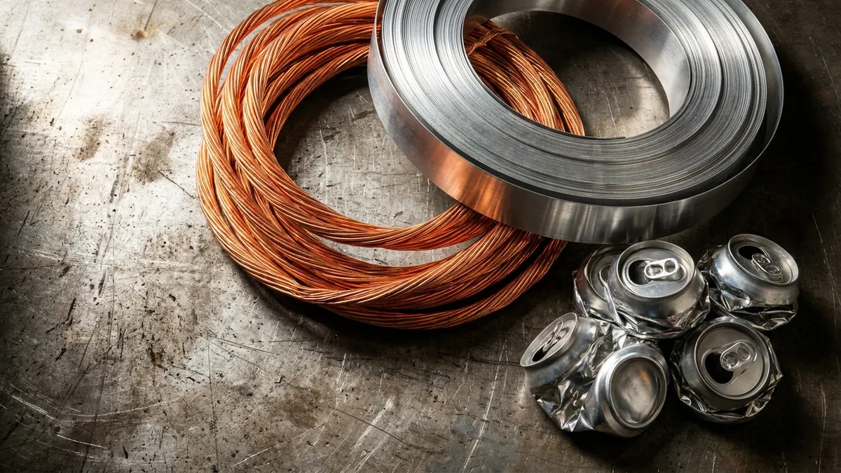 Câbles de cuivre dépouillé et bobines d'aluminium prêts à être pesés sur balance industrielle