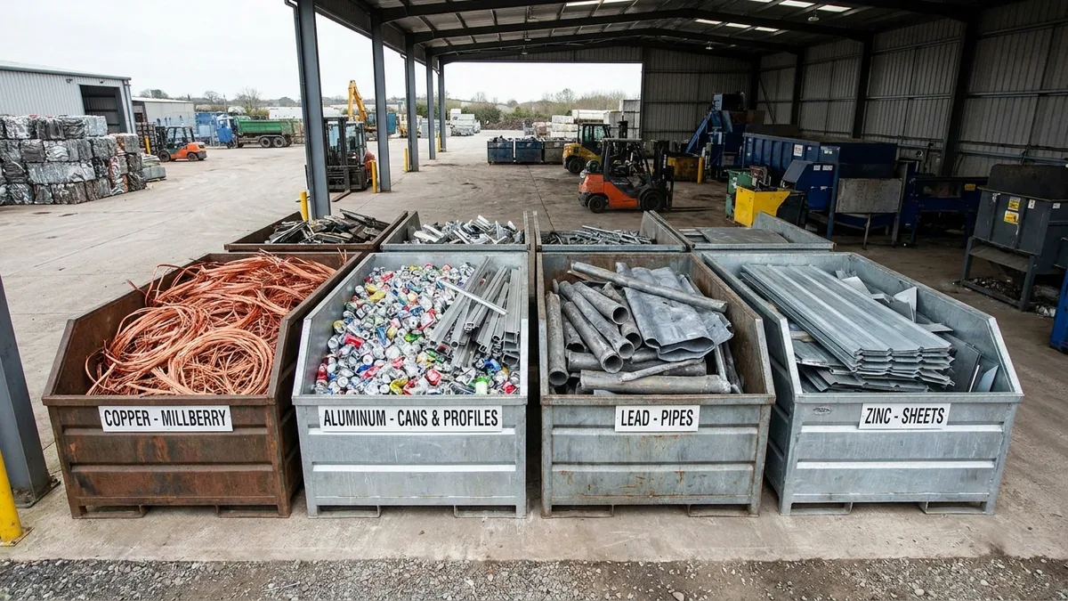 Cuivre dépouillé, aluminium, plomb et zinc triés dans des bacs séparés sur l'aire de tri d'un recycleur