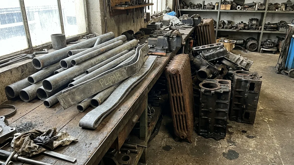 Pièces de fonte (radiateurs, plaques d'égout) et plomb (gaines, tuyaux) sur aire de tri