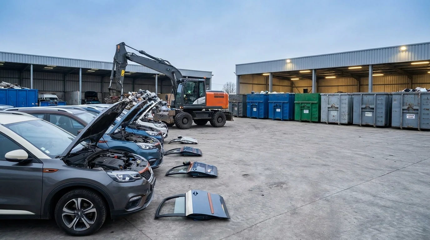 Centre VHU agréé déconstruisant un véhicule en fin de vie pour réemploi et recyclage
