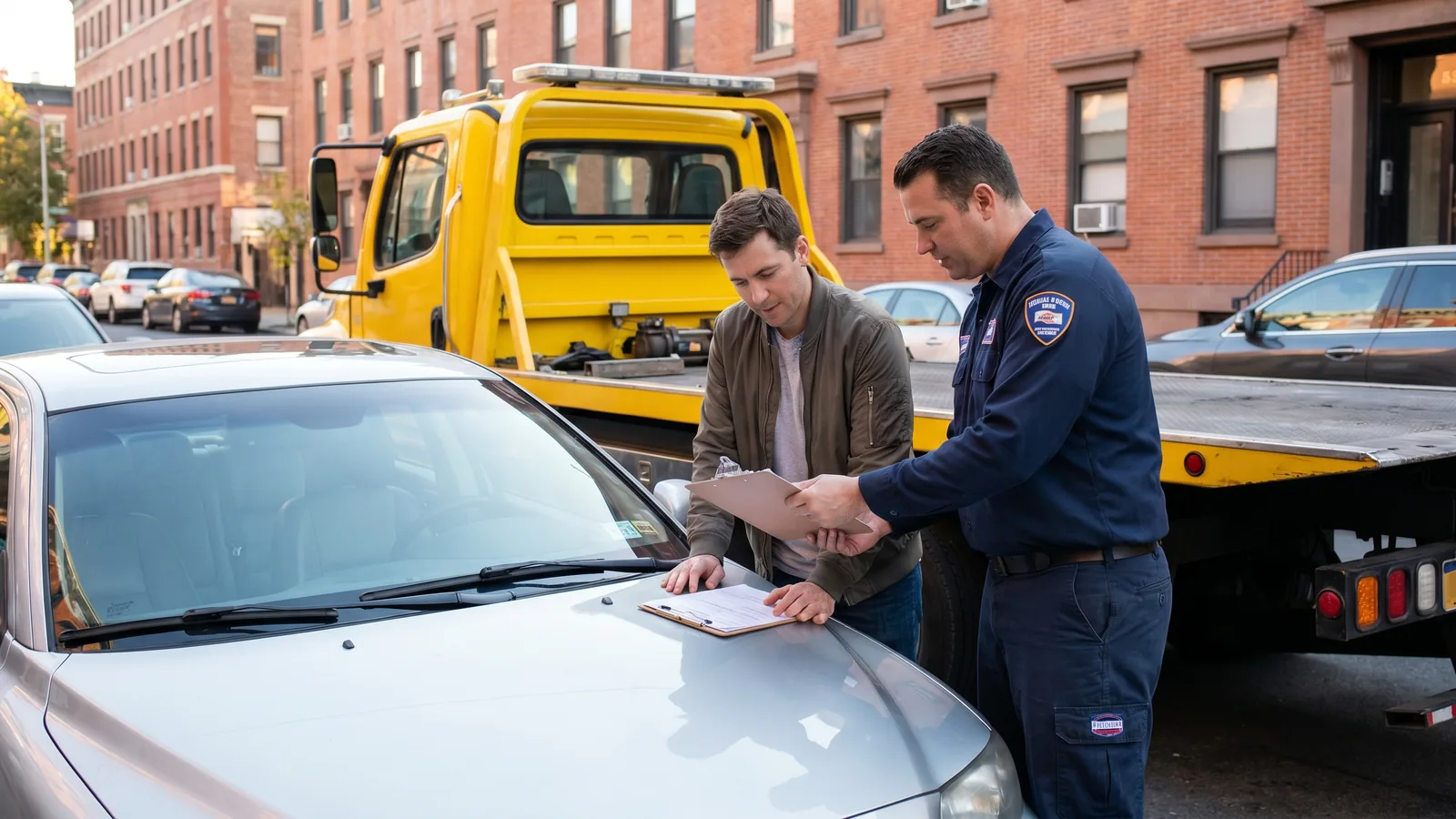 Dépanneur professionnel remettant un devis à un automobiliste