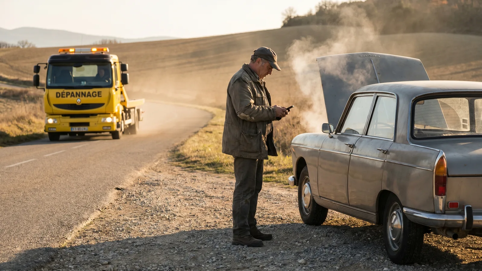 Automobiliste attendant l'arrivée d'un dépanneur au bord de la route