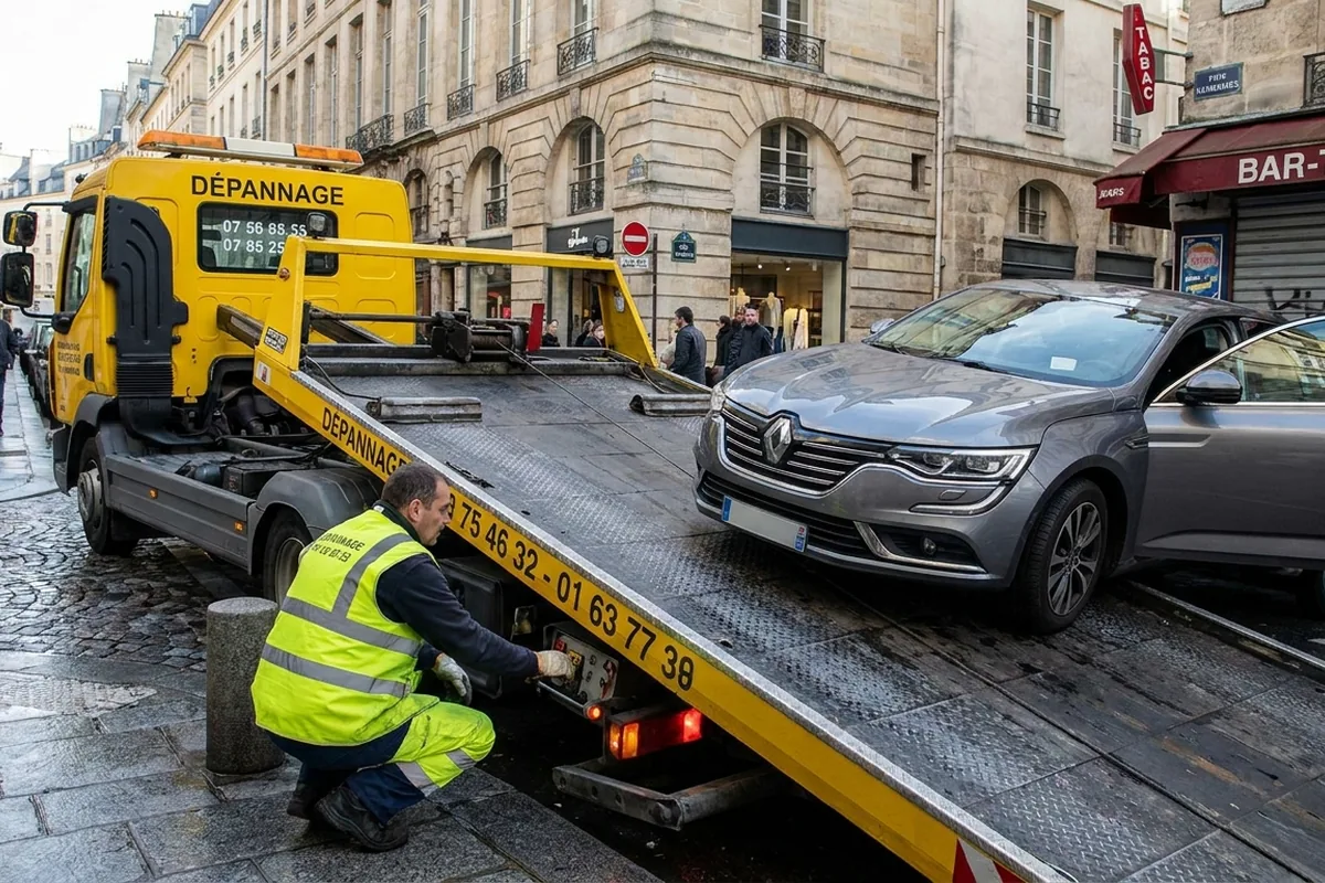 Dépanneuse plateau chargeant un véhicule en ville