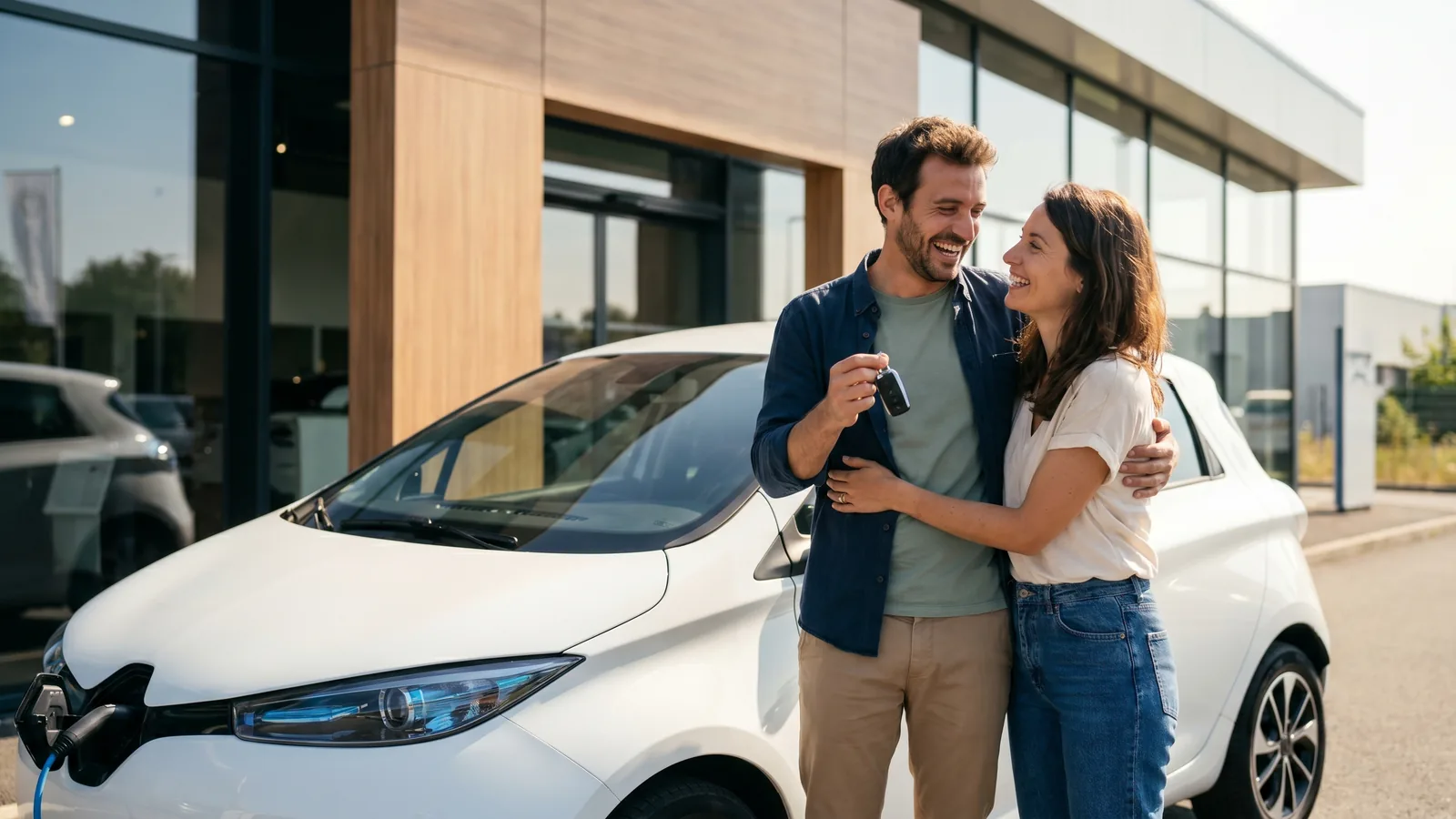 Couple recevant les clés d'une voiture électrique neuve, aides à l'achat d'une voiture plus propre