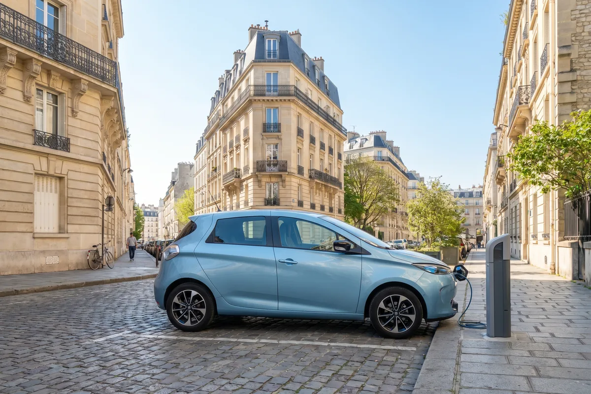 Petite voiture électrique abordable en recharge dans une rue, illustration du leasing social