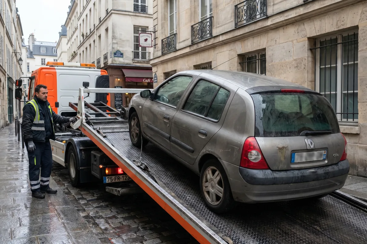 Ancienne voiture chargée sur un plateau de dépannage pour rachat ou enlèvement