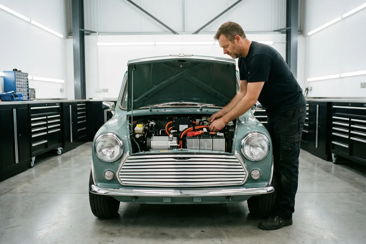 Mécanicien installant un kit de conversion électrique (rétrofit) sur une voiture ancienne en atelier