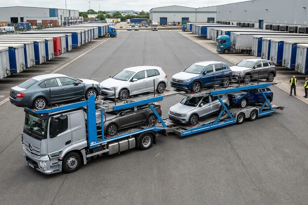 Porte-voitures chargé de plusieurs véhicules en transport groupé