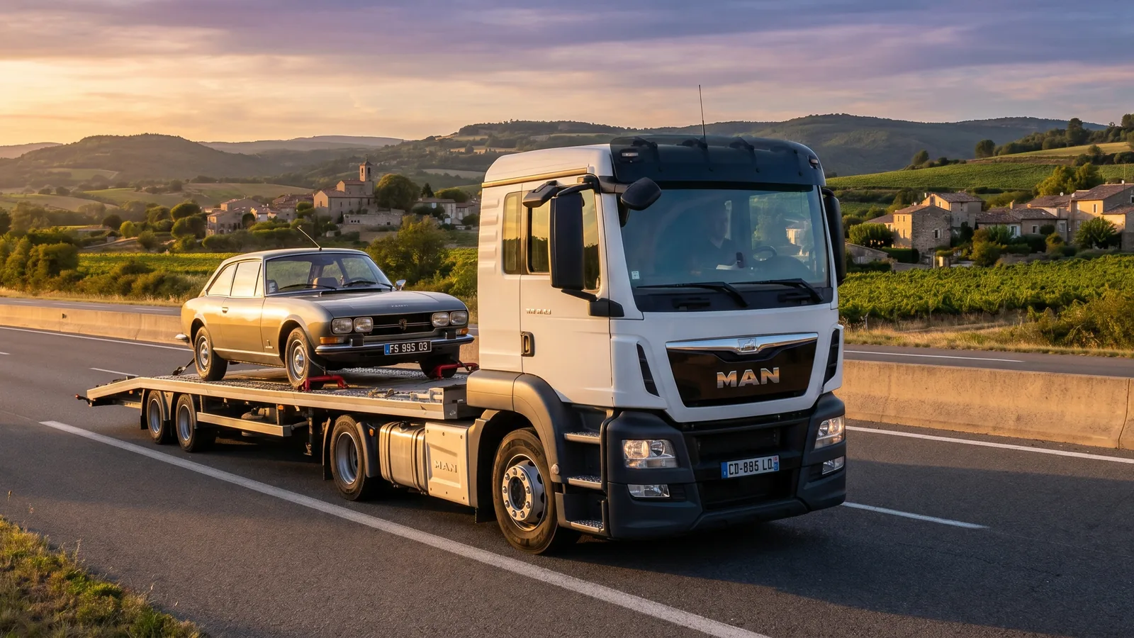 Voiture en panne transportée sur un camion-plateau pour rapatriement longue distance