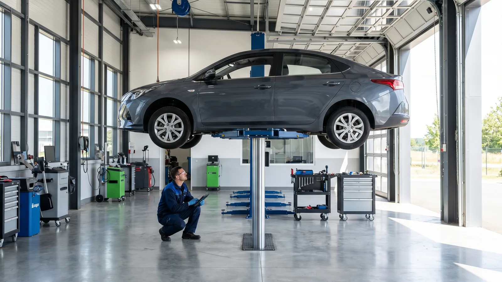 Voiture sur un pont élévateur dans un centre de contrôle technique