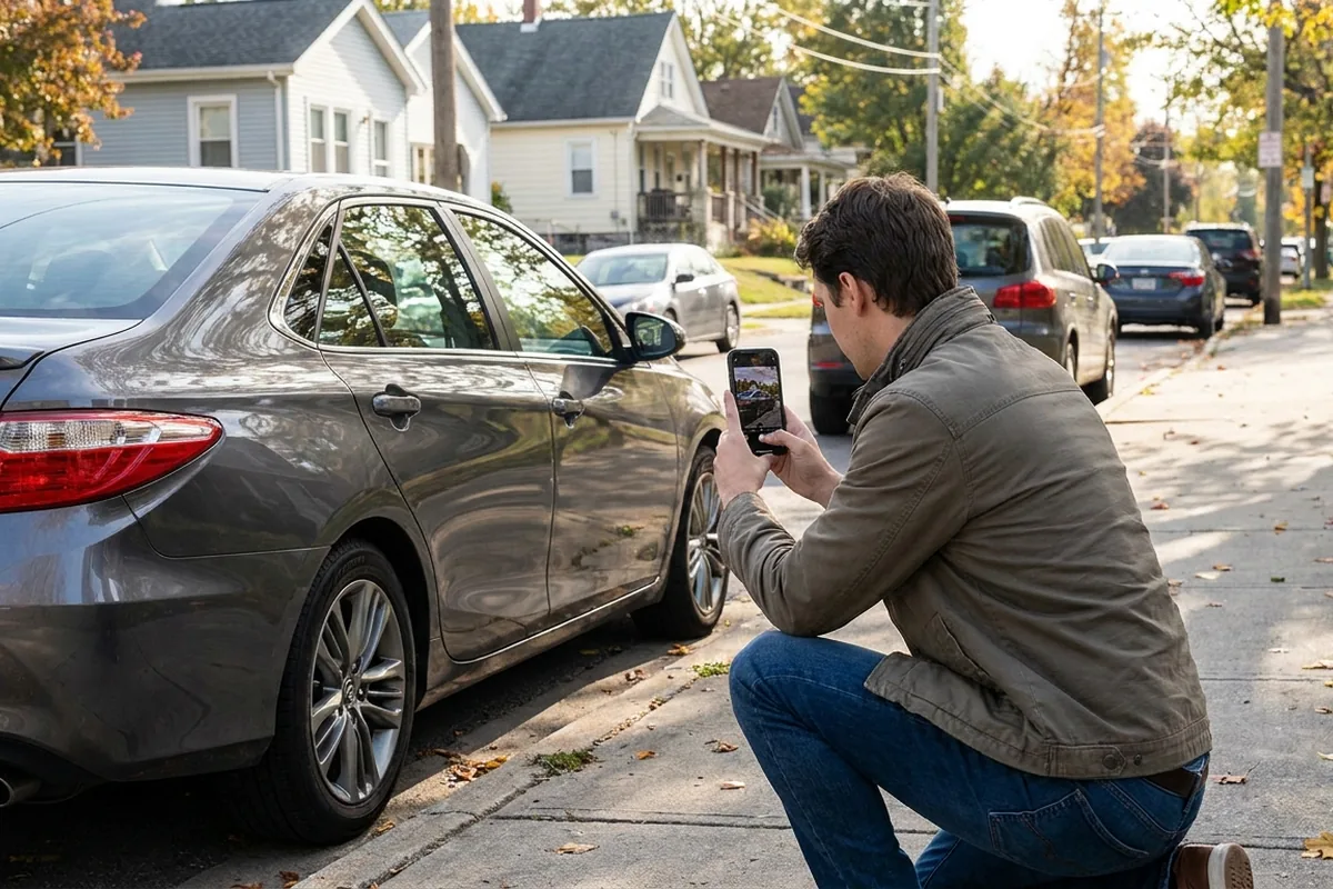 Automobiliste photographiant sa voiture pour une annonce en ligne