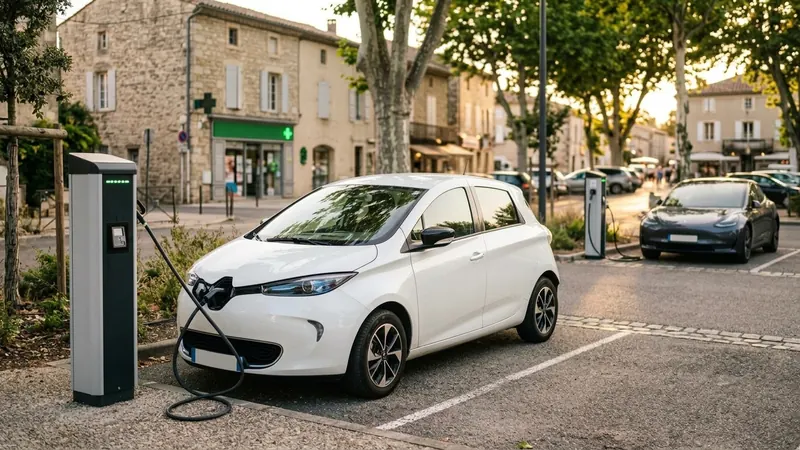 Voiture électrique en charge sur une borne rapide publique d'un parking