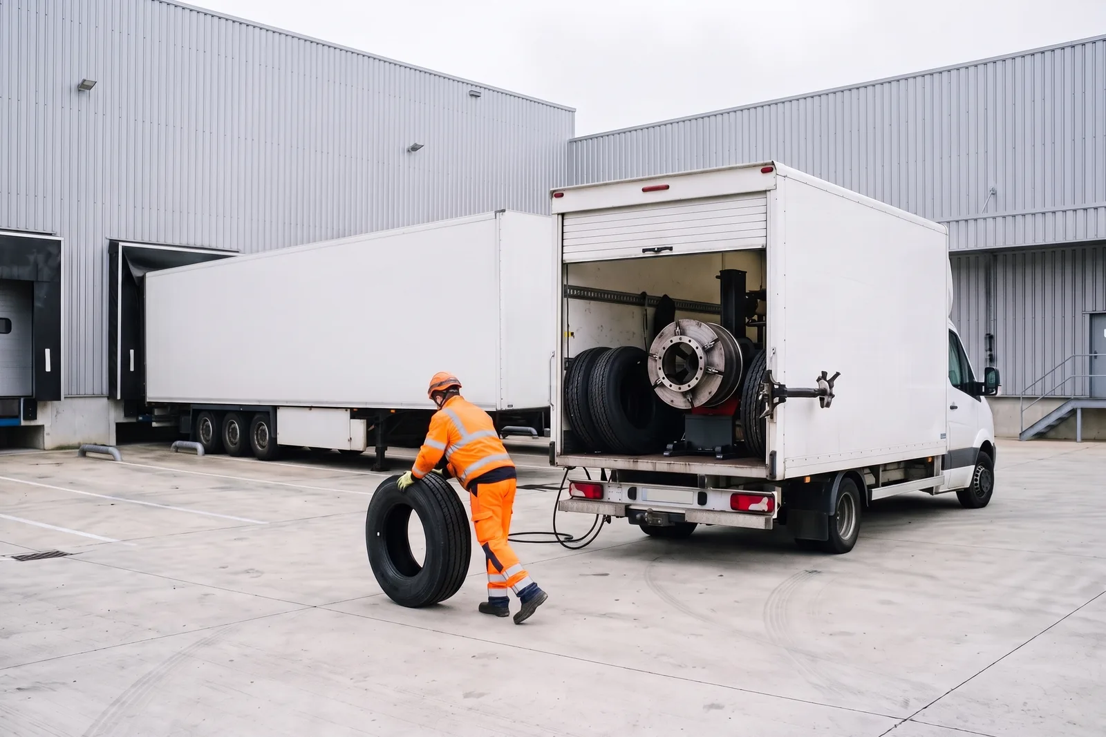 Camion atelier pneumatique avec sa machine démonte-pneu poids lourd, garé près d'une semi-remorque à quai