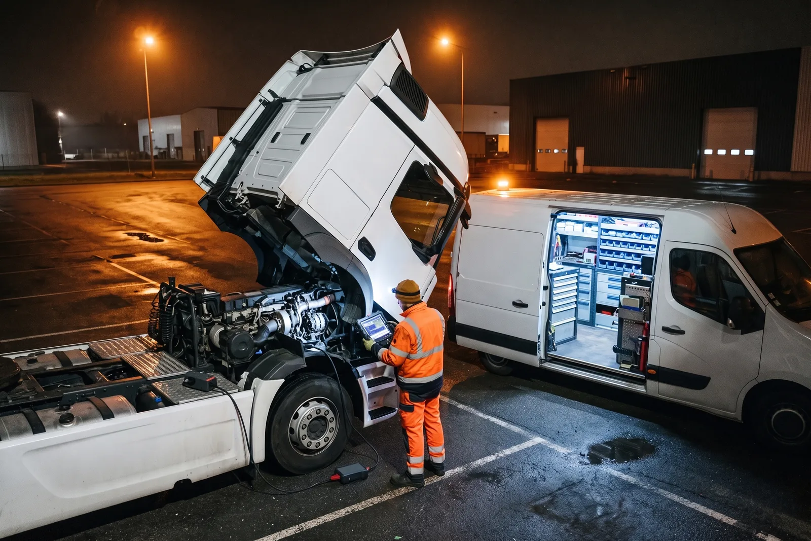 Mécanicien poids lourd en tenue haute visibilité réalisant de nuit un diagnostic sur un tracteur routier à cabine basculée