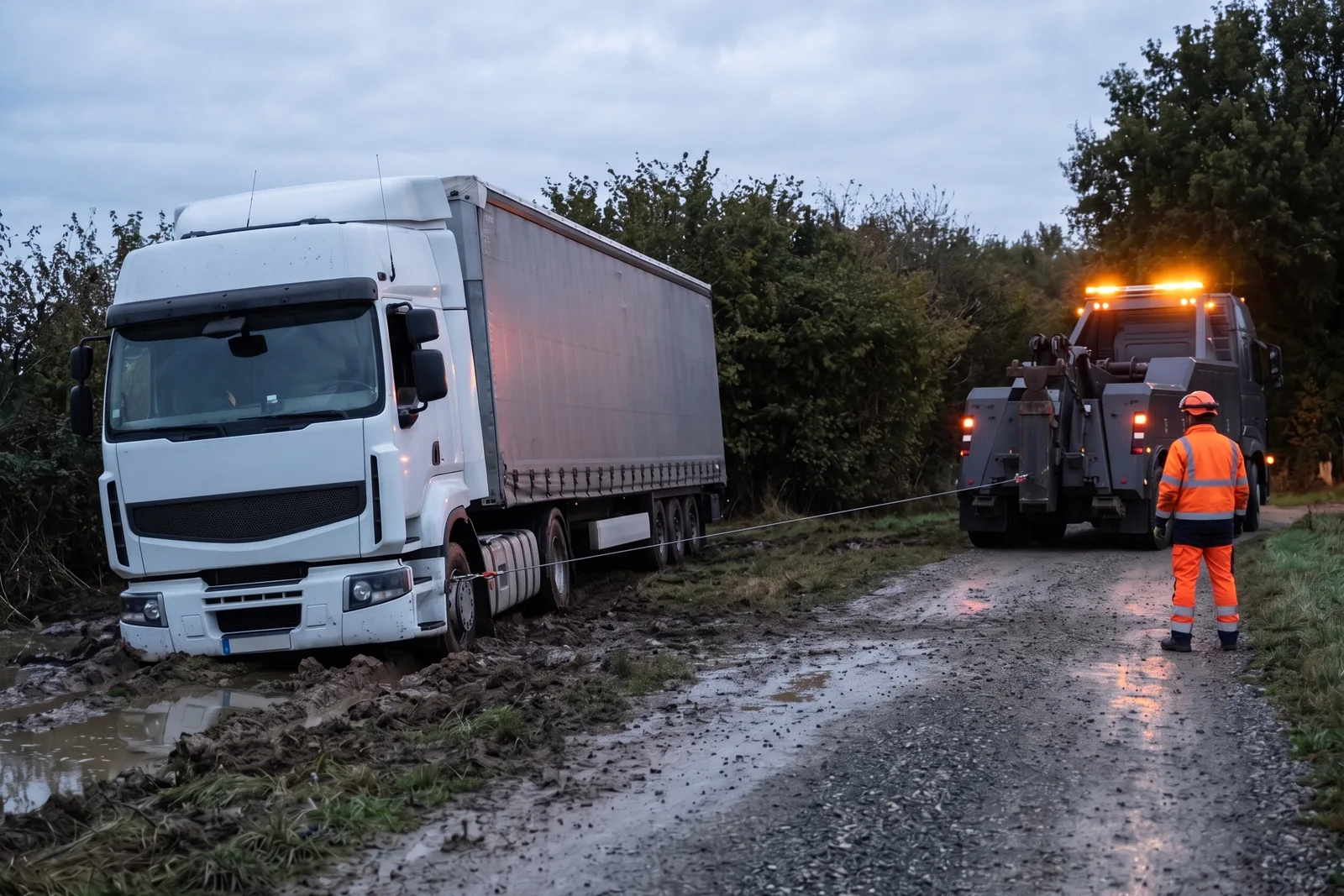 Semi-remorque enlisée dans la terre détrempée, treuillée par une dépanneuse lourde au bord d'un chemin agricole