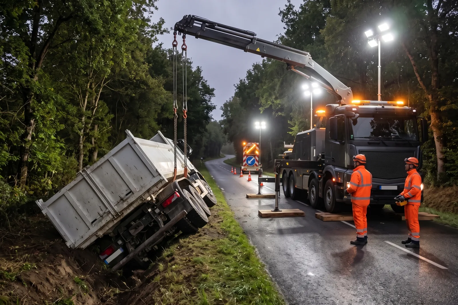 De nuit, un camion-grue de dépannage soulève un porteur benne basculé dans le fossé, route balisée