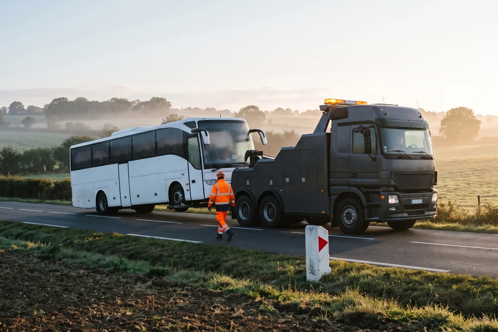 Dépanneuse poids lourd remorquant un autocar par l'avant sur une route de campagne au petit matin