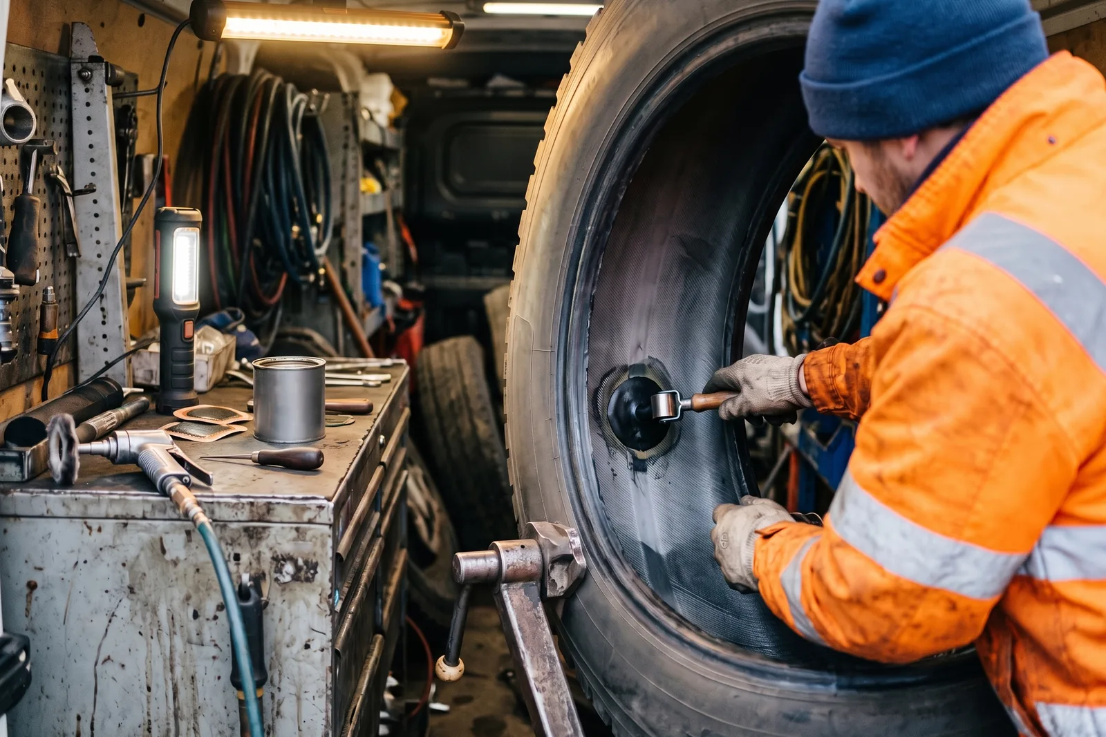 Réparation d'un pneu de camion par l'intérieur avec un champignon, pneu démonté maintenu sur un écarteur